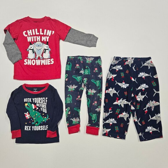 Carter’s 2T Christmas Bundle(4pcs –Fleece Pants + Dino PJs + “Snowmies” Sweater - Picture 1 of 5